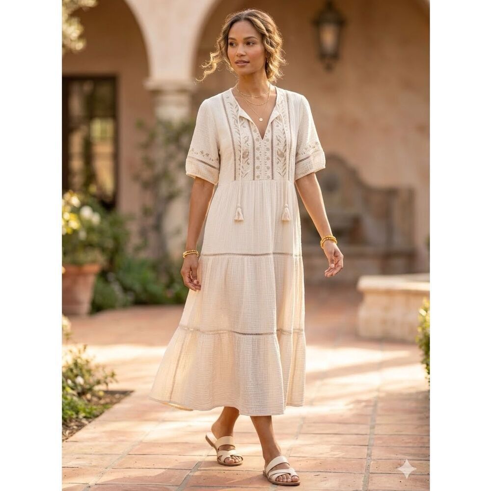 Johnny Was Calme Cream Embroidered Boho Cottagecore Midi Dress